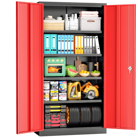 Pataku Garage Storage Cabinet 72" Metal Locking Cabinet 5-Layer with Door Steel Multifunctional Storage Cabinet with 4 Adjustable Shelves, Cabinet for Home, Office, Warehouse(Black Red) - WoodArtSupply