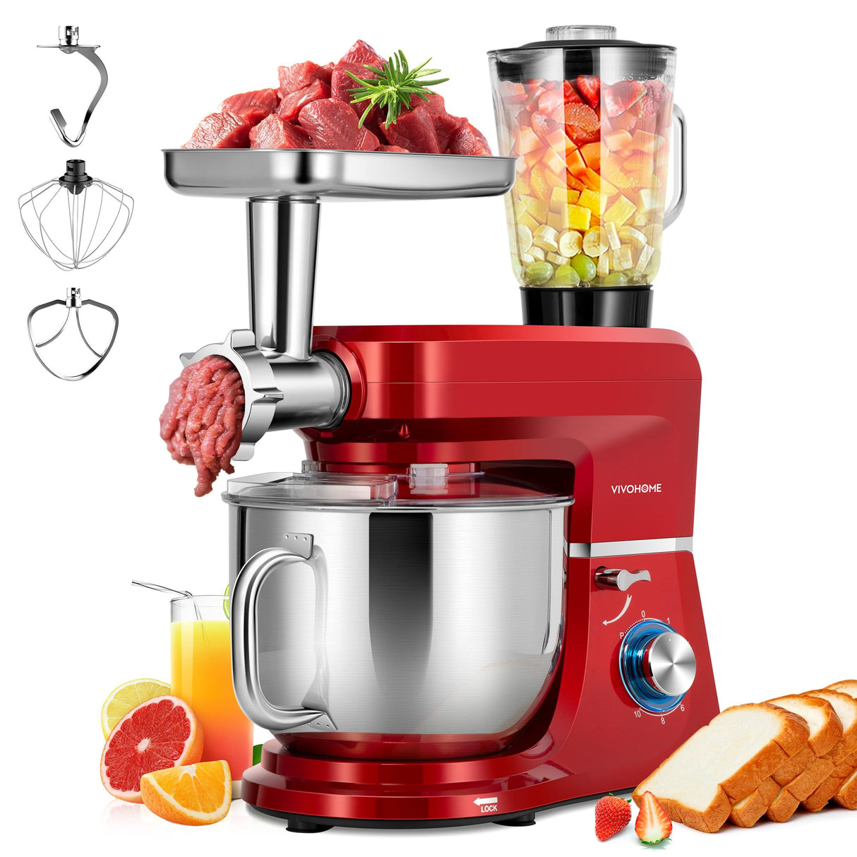 VIVOHOME 6 in 1 Multifunctional Stand Mixer with 8.5 Quart Stainless Steel Bowl, 660W 10 Speed Tilt-Head Meat Grinder, Juice Blender, Vegetable Slicer, Pasta and Cookie Maker, Red VIVOHOME