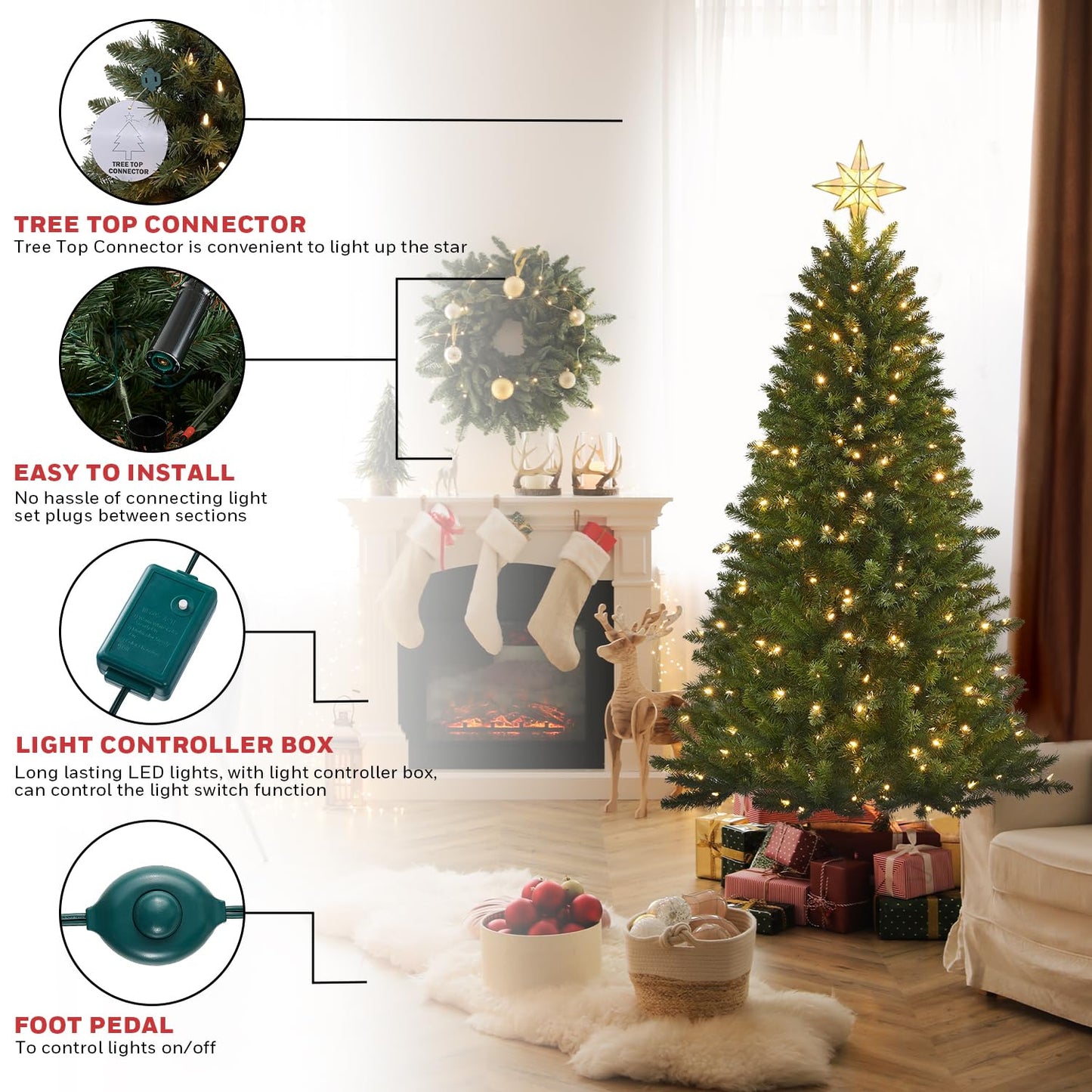 Honeywell 6 ft Pre-Lit Christmas Tree, Eagle Peak Pine Artificial Christmas Tree with 300 Color-Changing LED Lights, Xmas Tree with 927 PVC Tips,Tree Top Connector, UL Certified