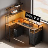 Maihail L Shaped Desk with Shelves,Reversible Computer Desk with LED Lights and Charging Station,Home Office Corner Desk with Monitor Stand,Brown Maihail