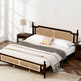 Pine Wood Bed Frame with Rattan Headboard, King Size - Modern Farmhouse Platform Bed, Sturdy Wooden Slat Support, No Box Spring Needed, Easy Assembly, Espresso SSFEG
