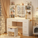 jiteentarou 47" Large Vanity Desk with Mirror and Lights, LED White Vanity Set with Stool and Power Outlet, Lighted Make up Vanity Desk with Drawers and 3 Lighting Modes for Women, Girls(White) jiteentarou