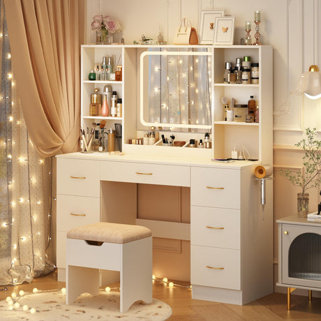 jiteentarou 47" Large Vanity Desk with Mirror and Lights, LED White Vanity Set with Stool and Power Outlet, Lighted Make up Vanity Desk with Drawers and 3 Lighting Modes for Women, Girls(White) jiteentarou