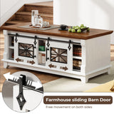 IRONCK 48'' Coffee Table with Sliding Barn Doors, Rustic Center Table with 6 Large Storage Space, Glass Doors and Adjustable Middle Shelf, Farmhouse Coffee Tables for Living Room, White IRONCK