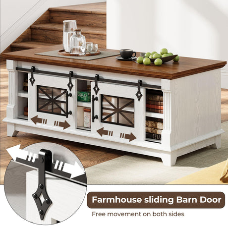 IRONCK 48'' Coffee Table with Sliding Barn Doors, Rustic Center Table with 6 Large Storage Space, Glass Doors and Adjustable Middle Shelf, Farmhouse Coffee Tables for Living Room, White IRONCK