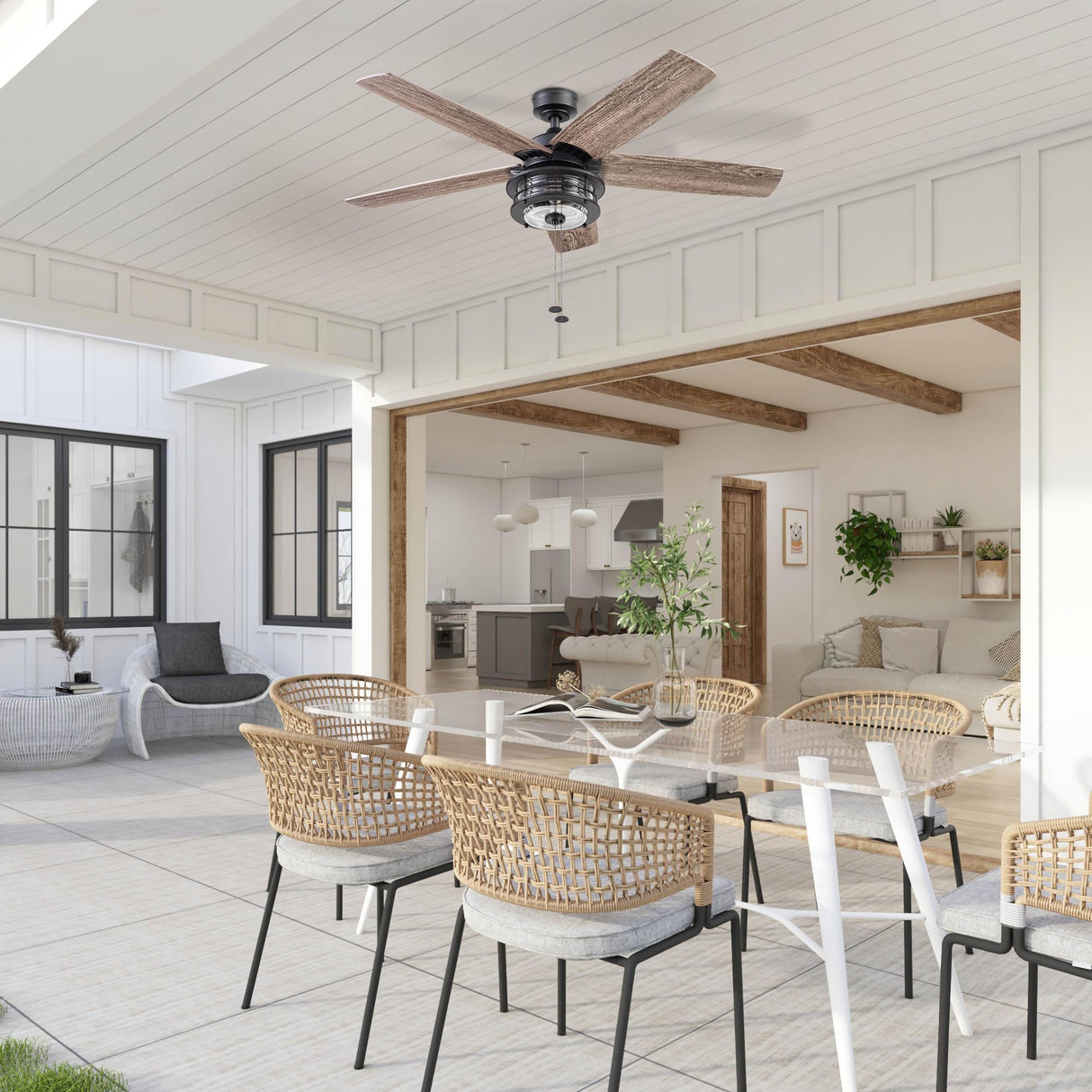 Honeywell Ceiling Fans Foxhaven Farmhouse 52 Inch Ceiling Fan with Light, Outdoor Fan/Indoor Dual-Mount LED Ceiling Fan, 5 Blades, Gray Cedar and Walnut Blade Finish Options, Matte Black (51631-01) Honeywell Ceiling Fans