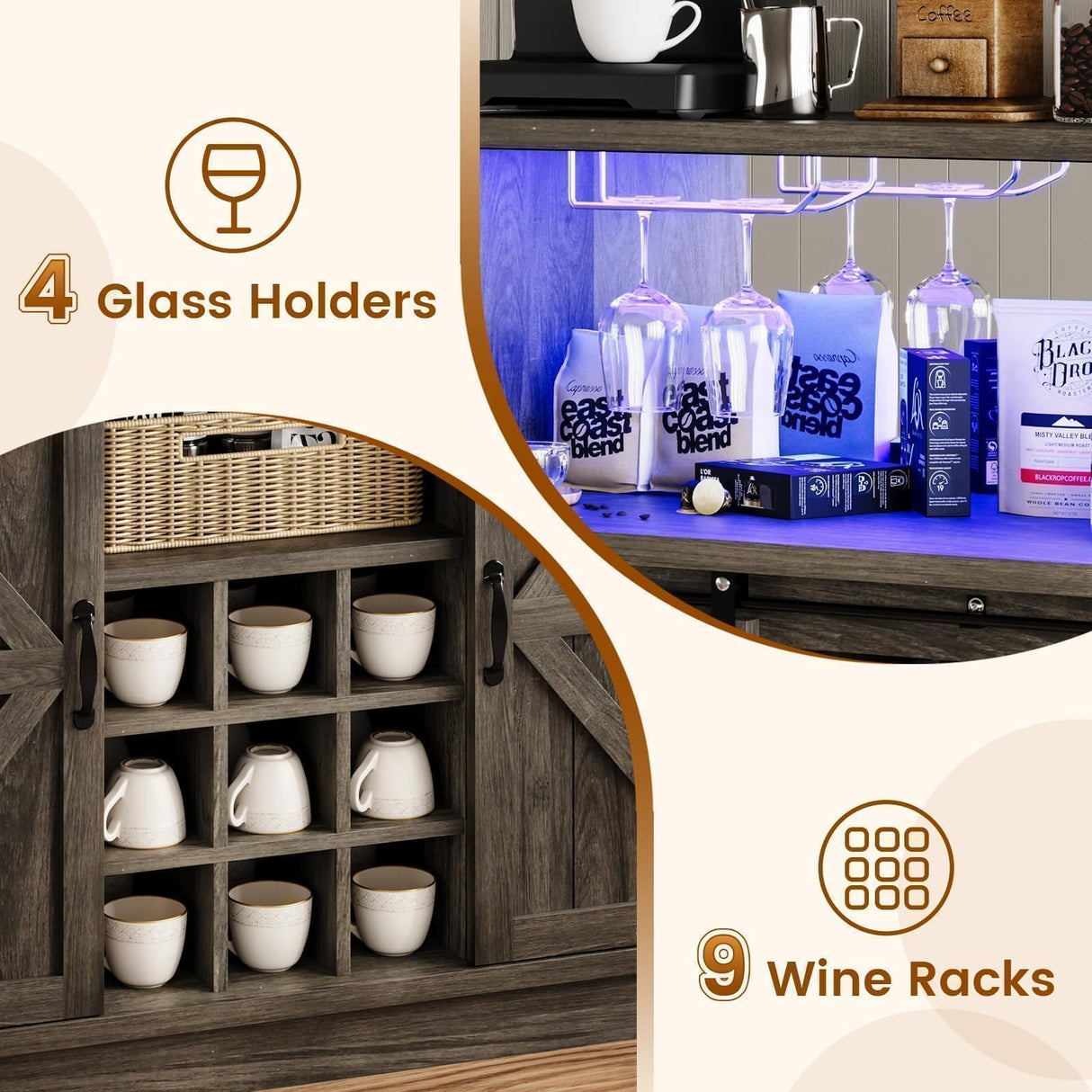 4ever2buy Farmhouse Coffee Bar with LED Lights, 47 inch Coffee Bar Cabinet with Storage, Wine Bar Cabinet with Glass & Wine Racks for Living, Dining Room, Grey 4ever2buy