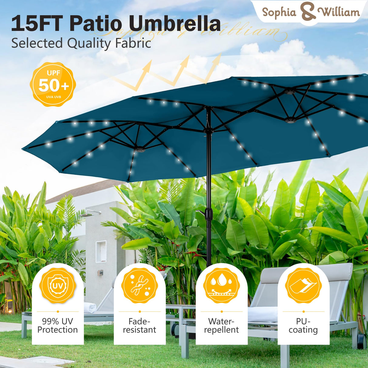 Sophia & William 15 ft Extra Large Patio Umbrella with Solar Lights, Rectangular Outdoor Umbrella with Base Included, Market Umbrella Double-sided Heavy Duty for Pool Garden Backyard, Cyan-blue Sophia & William
