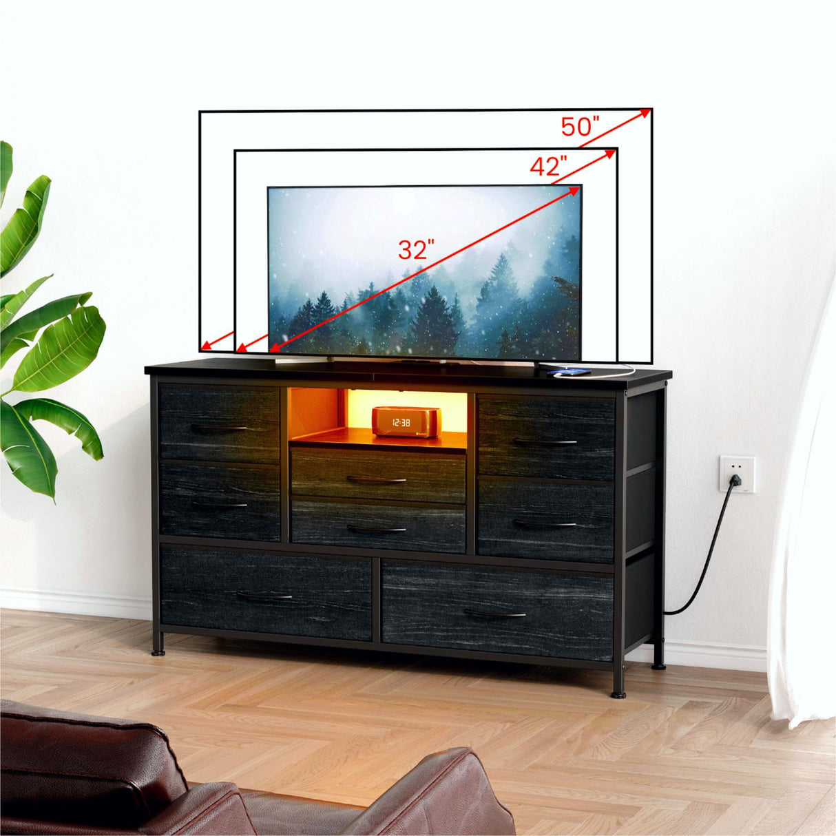 Jojoka 8 Dresser TV Stand with Power Outlet & LED for 55'' TV, Long Dresser for Bedroom with 8 Deep Drawers, Wide Console Table for Storage in Closet, Living Room, Entryway, Wood Top Jojoka