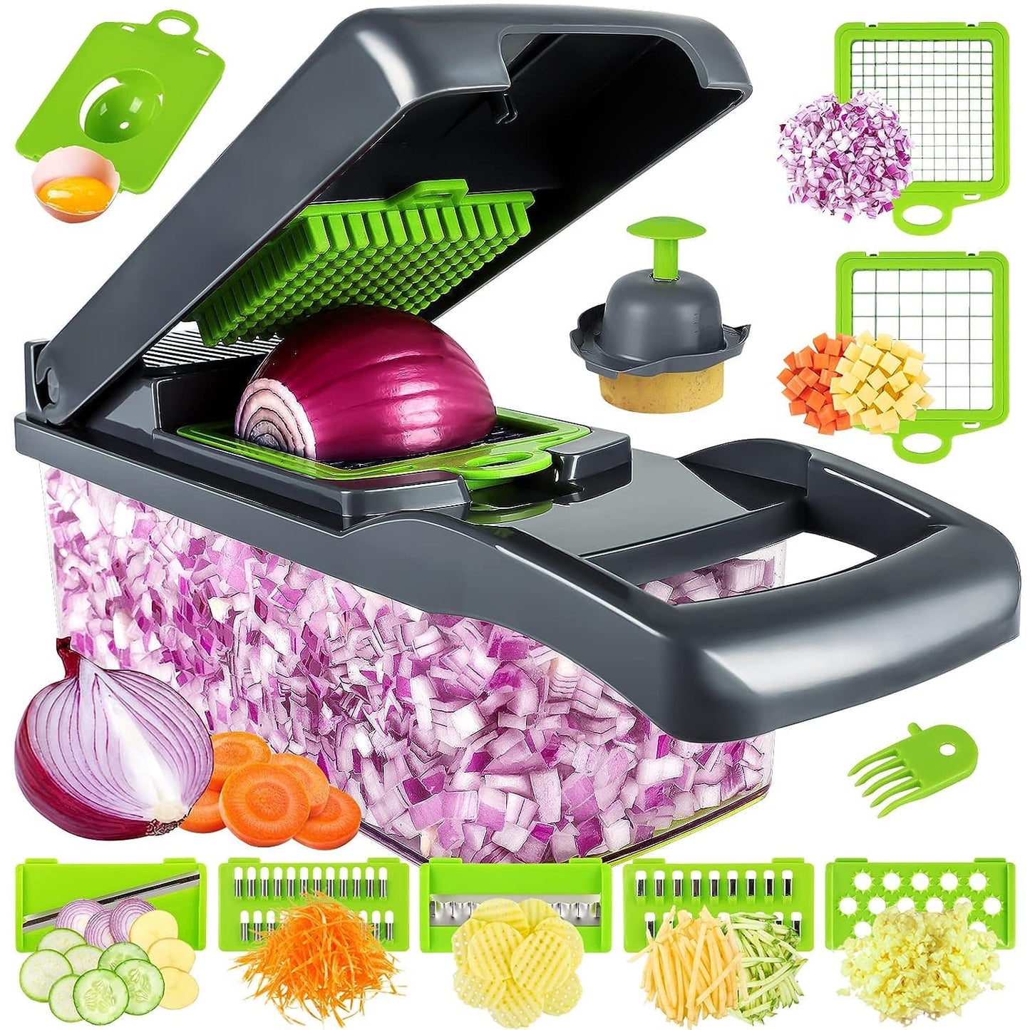 MAIPOR Vegetable/Pro Onion Chopper, Multifunctional 13 in 1 Food Chopper, Kitchen Vegetable Slicer Dicer Cutter With 8 Blades,Veggie, Carrot and Garlic Chopper With Container (Gray)