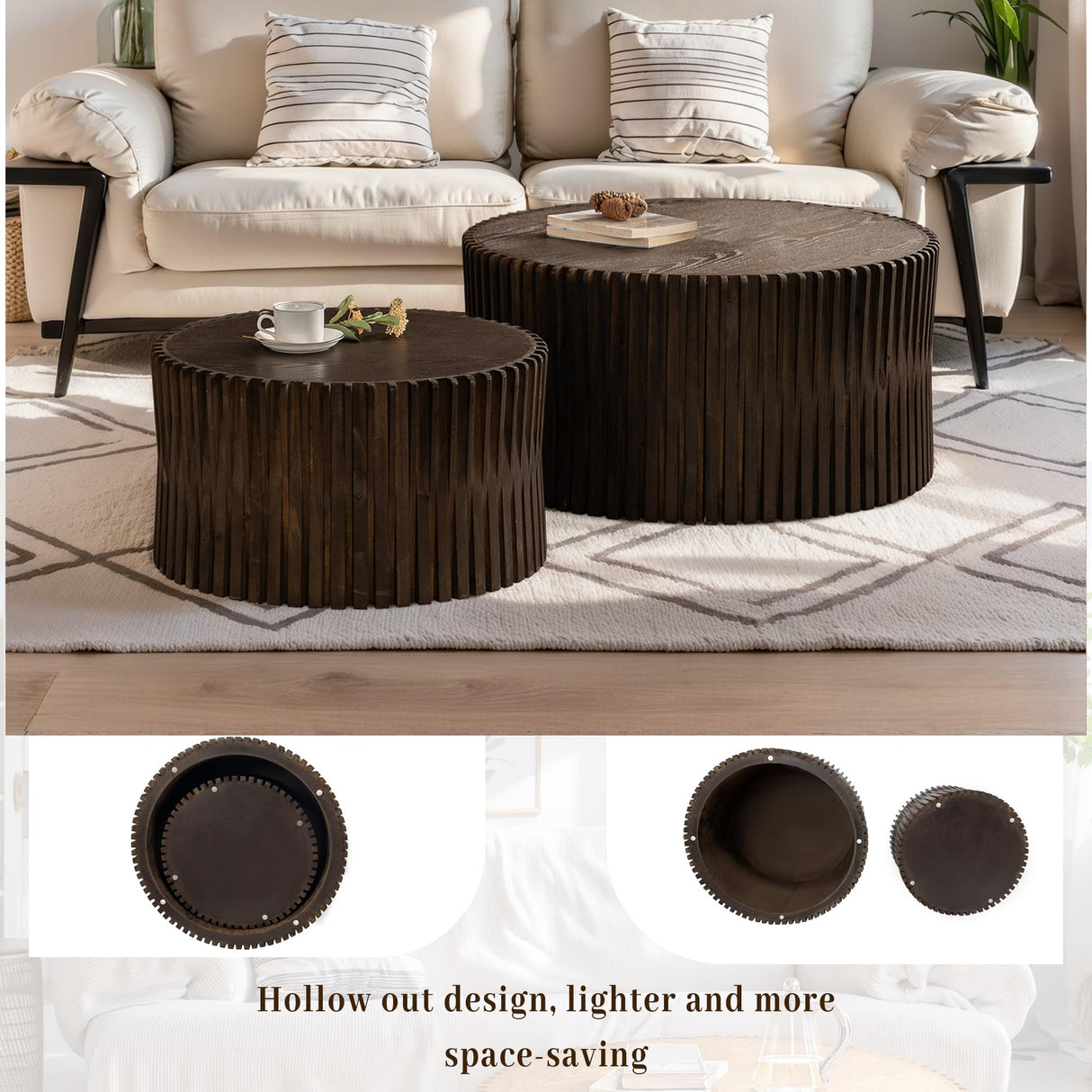 KIGFTSOD Vintage Modern Nesting Coffee Table Set of 2, Round Wooden Table Accent End Table Cylindrical Set with Vertical Textured Embossed Design for Living Room, Apartment (Dark Brown) KIGFTSOD