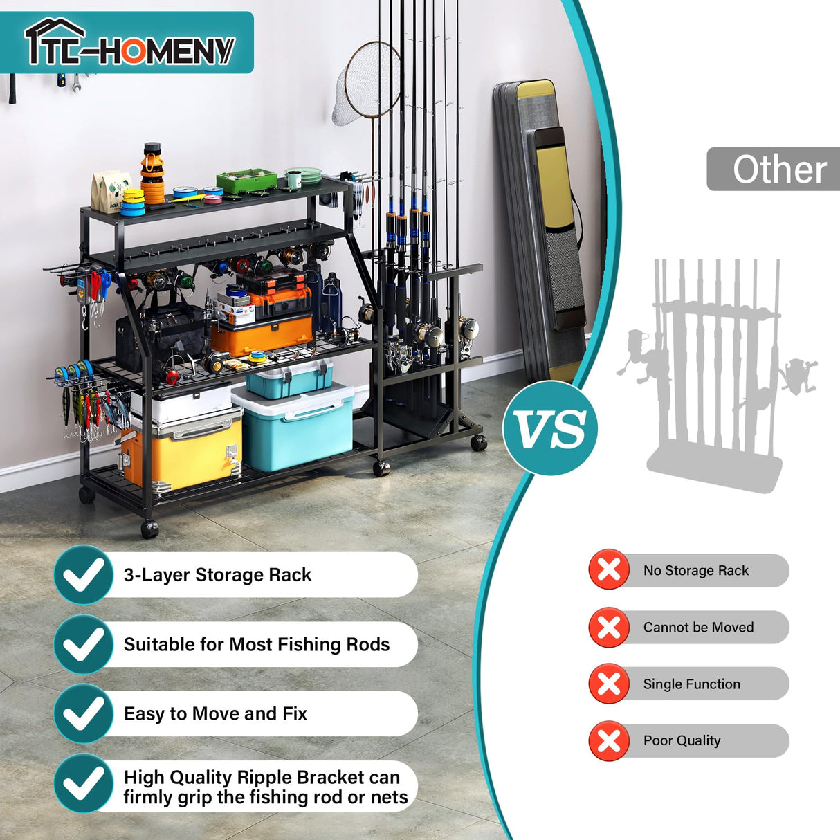 TC-HOMENY Large Fishing Rod Holders for Garage Fits for 12 Rods, 4-Tier Fishing Pole Rack Cart with Enlarged Shelves, Fishing Gear Tackle Organizer Storage Cart with Wheels for Garage, Outdoor, Black TC-HOMENY