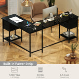 Korfile 66" L Shaped Computer Desk with Power Outlets, Corner Desk with 2 Monitor Stands, Home Office Desk with 4 Adjustable Storage Drawers & Shelves, Large Desk for Gaming Writing Study Work, Black Korfile