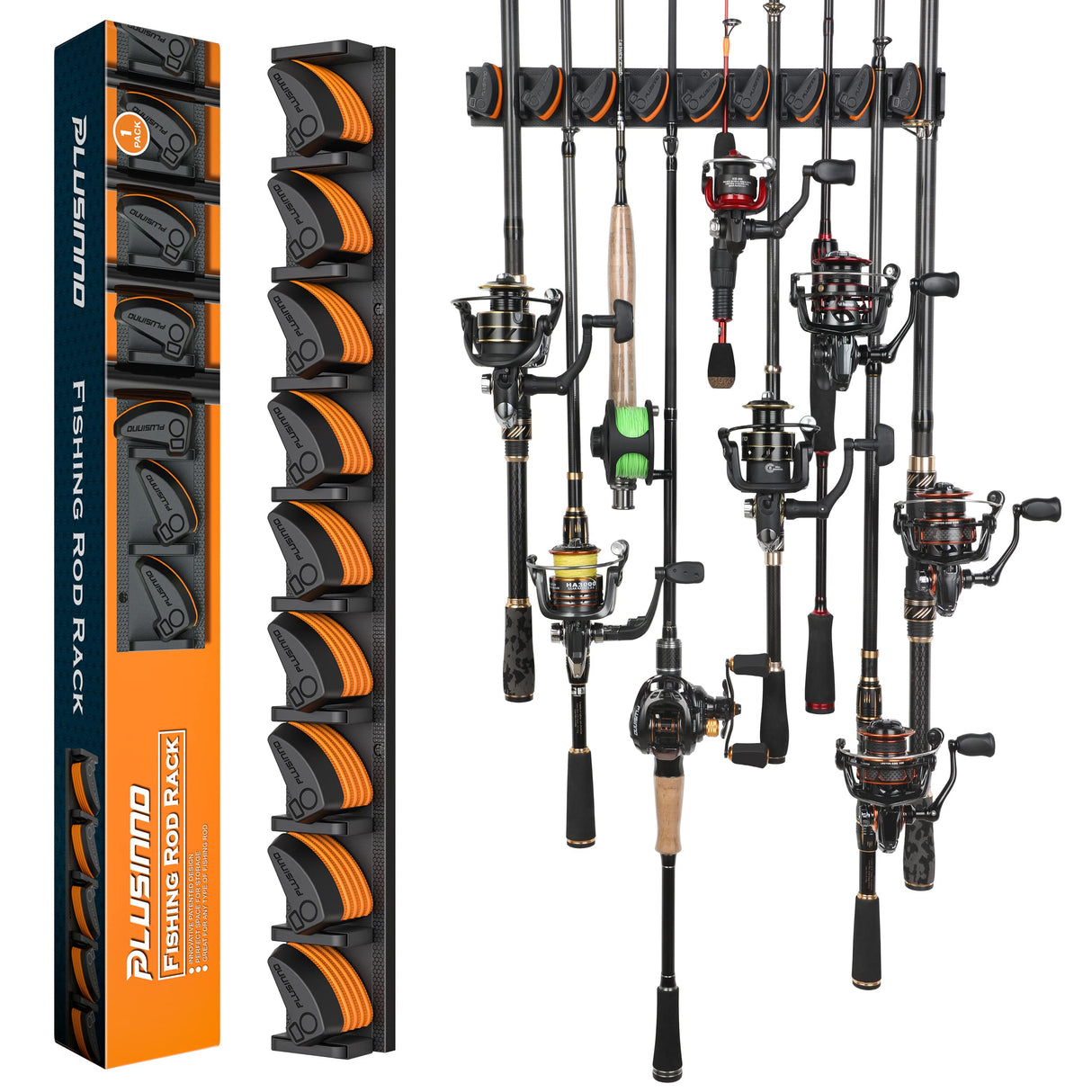 PLUSINNO V9 Vertical Fishing Rod Holders, Wall Mounted Fishing Pole Holders, Fishing Rod Rack Holds Up to 9 Rods or Combos, Fishing Rod Holders for Garage, Fits Most Rods of Diameter 3-19mm PLUSINNO