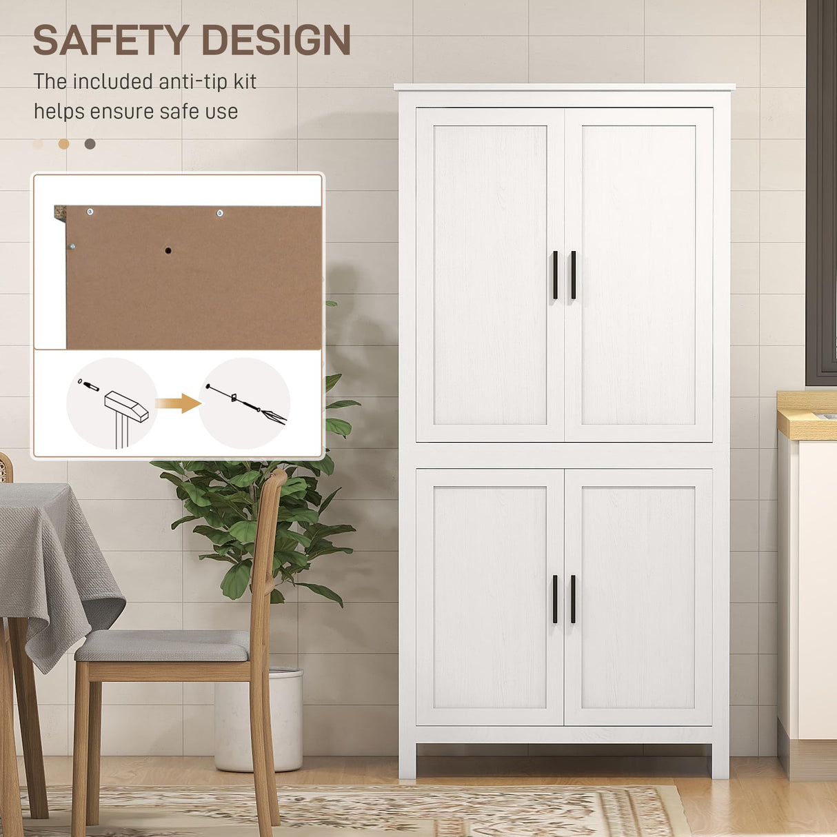 HOMCOM 64" Kitchen Pantry Cabinet, Freestanding Storage Cabinet with 4 Doors and 3 Adjustable Shelves for Dining Room, Antique White HOMCOM