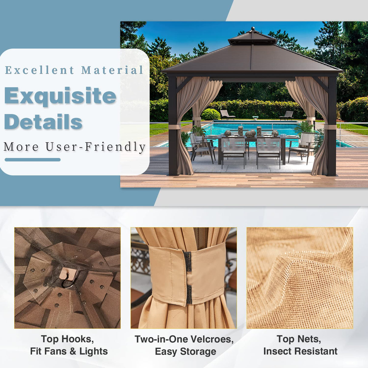 MELLCOM 12' x 12' Hardtop Gazebo, Galvanized Steel Double Roof Outdoor Gazebo, Aluminum Frame Metal Gazebo with Netting and Curtains for Patios, Gardens, Lawns Brown MELLCOM