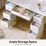 Rolanstar Vanity Desk with Lighted Mirror & Power Outlet, Makeup Vanity with 7 Fabric Drawers, 6 Storage Shelves & 3 Lighting Modes, Dressing Table for Bedroom, Girls, Women, White and Gold Rolanstar