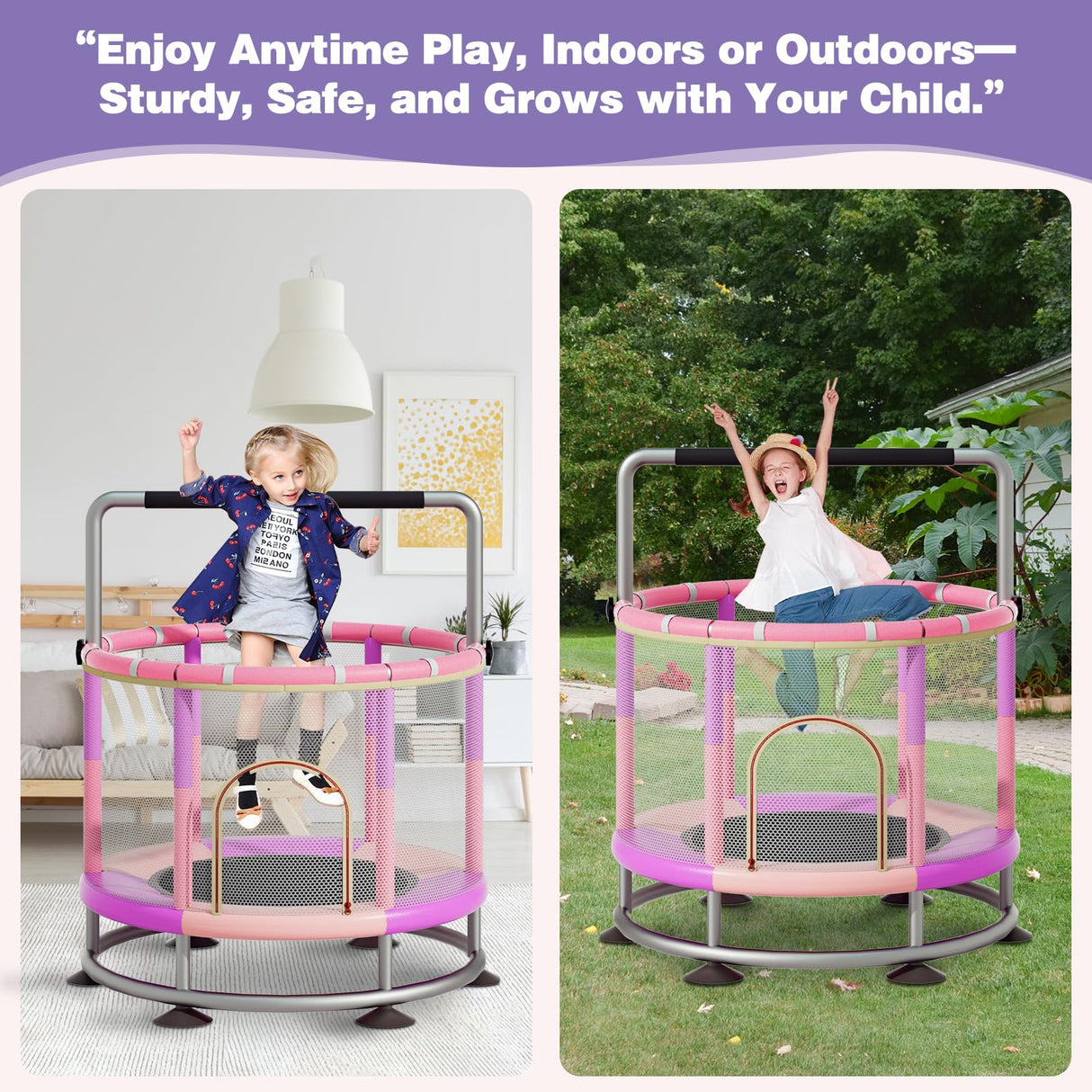 60" Trampoline for Kids, Anti-Rollover Round Bottom Baby Toddler Trampoline with Basketball Hoop, Indoor/Outdoor Kid Trampoline with Enclosure Net Redcoutt