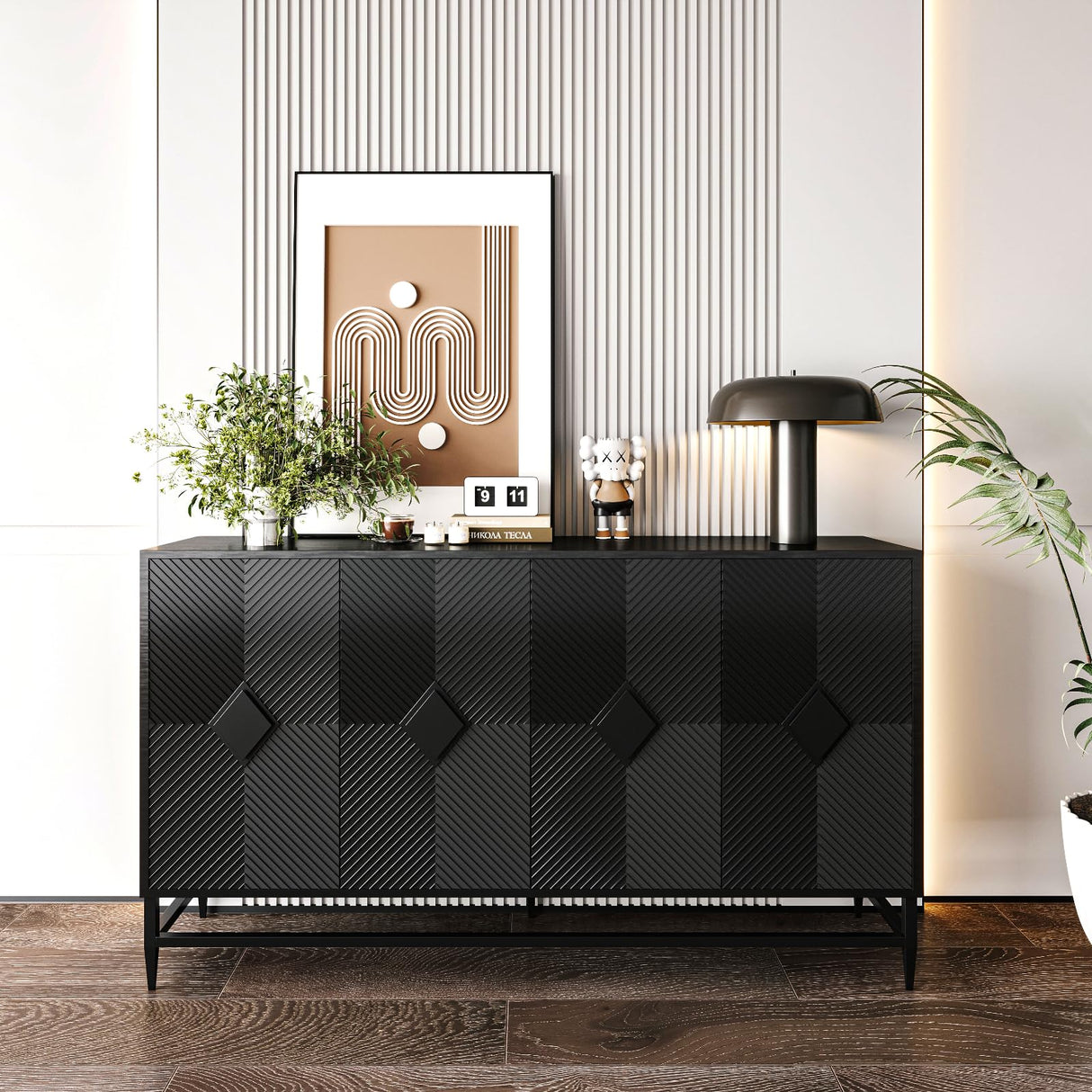 WILSHINE Sideboard Buffet with Storage Cabinet, 60" Black Buffets & Sideboards Credenza Wooden Entryway Table with 4 Doors and Adjustable Shelves for Dining Living Room Kitchen Coffee Bar WILSHINE