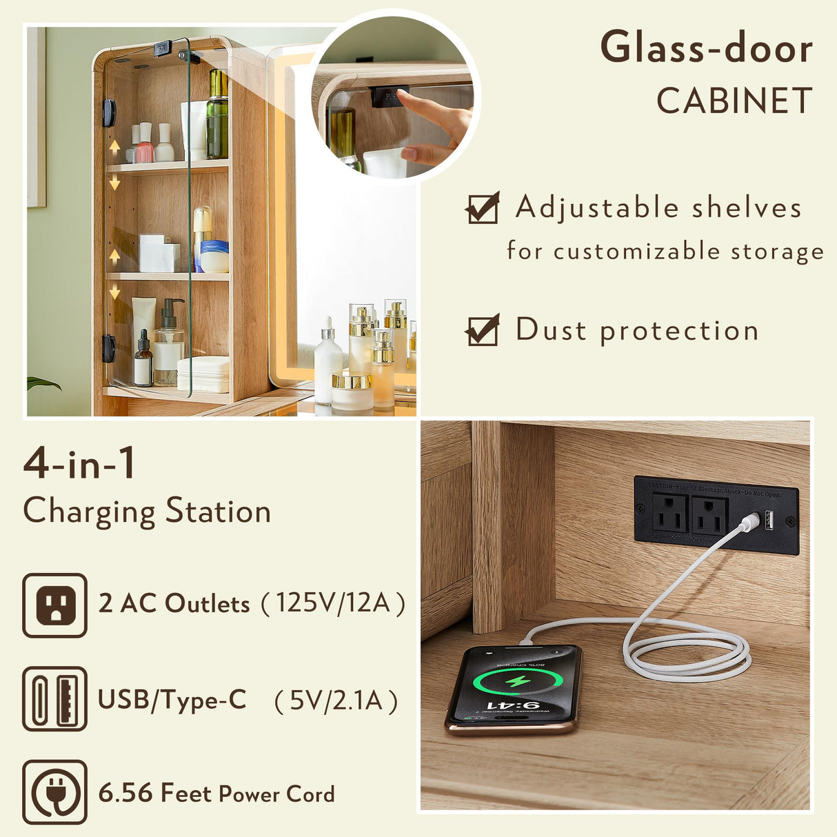 RedLemon 48" Vanity Desk with 36" HD Lighted Mirror and Lights, Mid-Century Modern Makeup Vanity with 5 Drawers & Glass Tabletop, Wood Dressing Table for Bedroom (Natural Oak) RedLemon