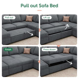 HONBAY Modular Sectional Sleeper Sofa with Pull Out Bed, Chenille L Shaped Couch with Storage Seats, Convertible Sectional Couches for Living Room, Bluish Grey HONBAY