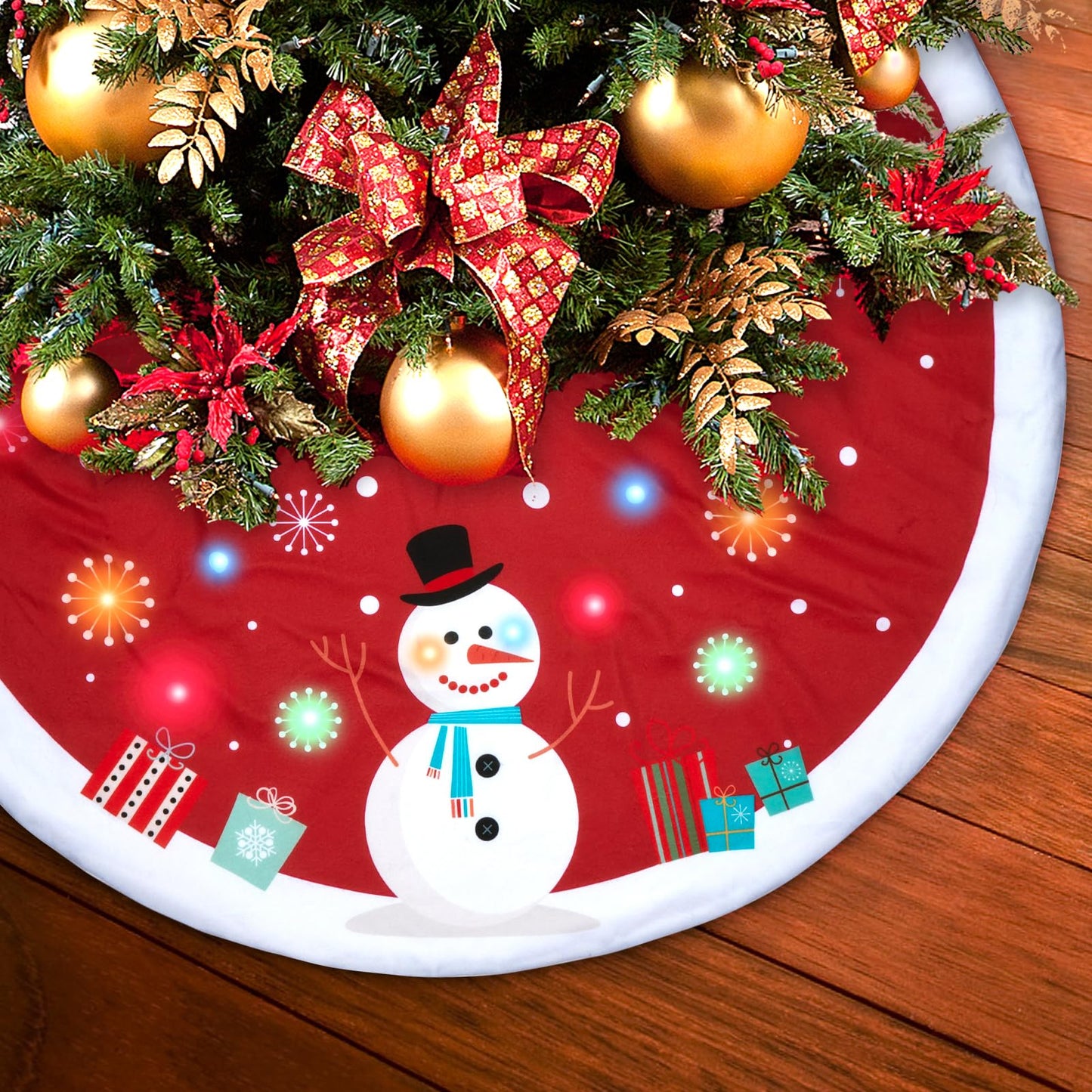 Christmas Tree Skirt with Lights, 48 Inch Snowman Gift Box Christmas Tree Skirt with LED Light, Christmas Joy Party Decoration Ornament, Indoor Outdoor Christmas Tree Skirt Decoration