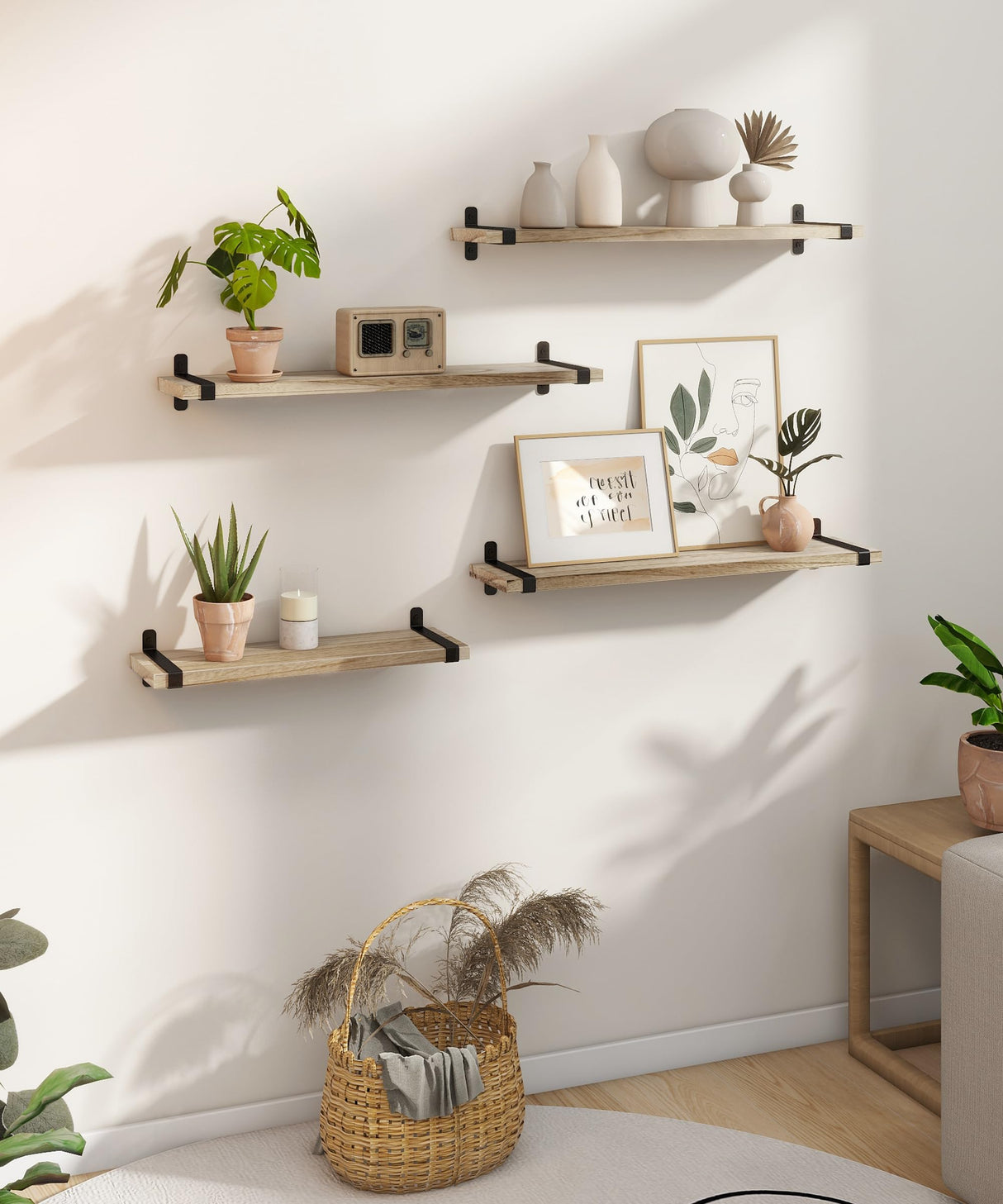 Gronda Floating Shelves Natural Wood Set of 3, 24 Inch Rustic Solid Wood Shelf Wall Mounted Farmhouse Decor Shelves for Bathroom Living Room Bedroom Kitchen Gronda