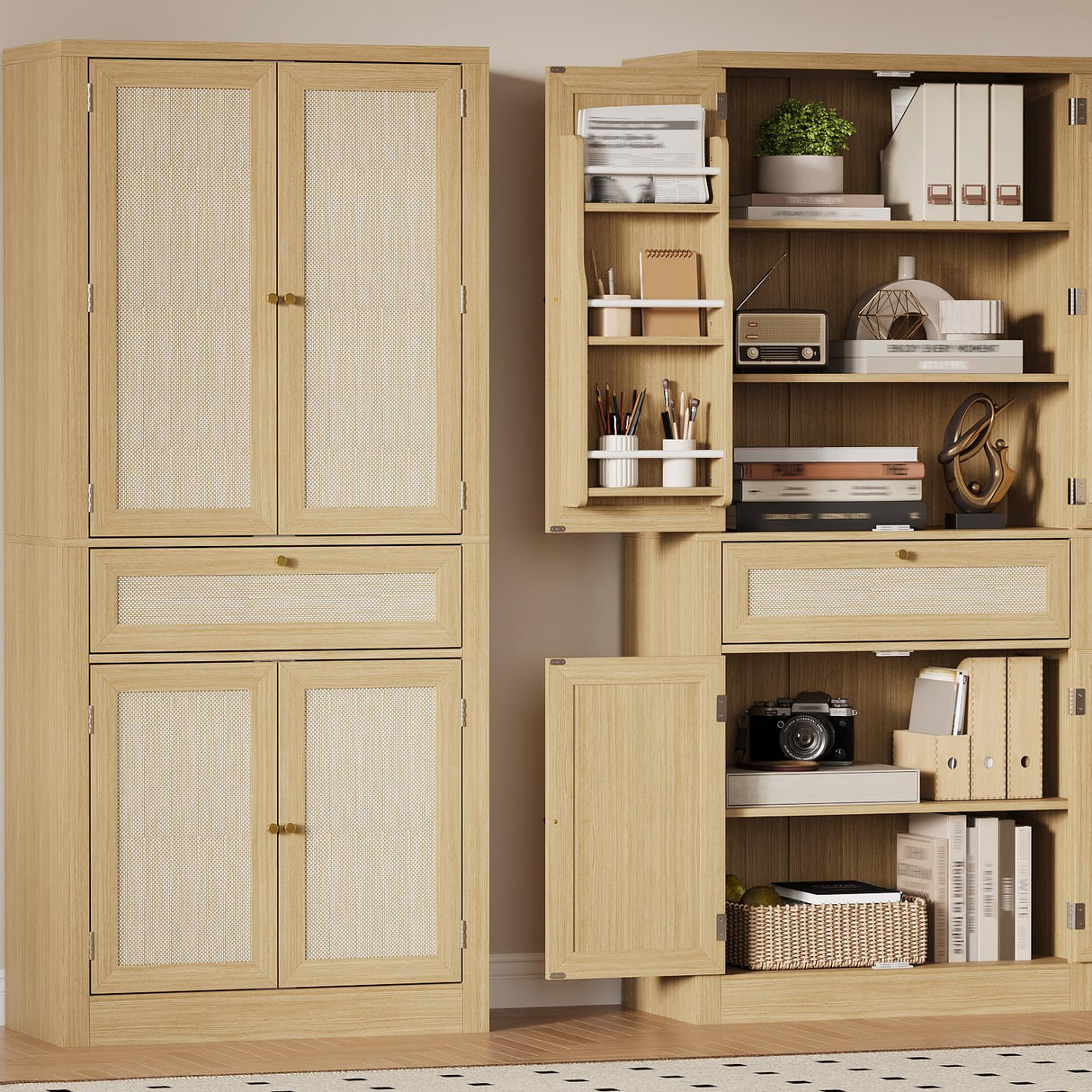 PeacefulHues 70inch Tall Kitchen Pantry, Rattan Cupboard Storage Cabinet with 1 Drawer and 6 Door Shelves for Dinning Living Room Kitchen Laundry, Natural Oak PeacefulHues