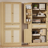 PeacefulHues 70inch Tall Kitchen Pantry, Rattan Cupboard Storage Cabinet with 1 Drawer and 6 Door Shelves for Dinning Living Room Kitchen Laundry, Natural Oak PeacefulHues