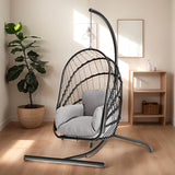 DWVO Wicker Swing Egg Chair 300lbs Capacity - Foldable Hanging Hammock with Cushions & Stand, Indoor/Outdoor Patio Swing Chair for Bedroom, Garden, Balcony (Grey) DWVO