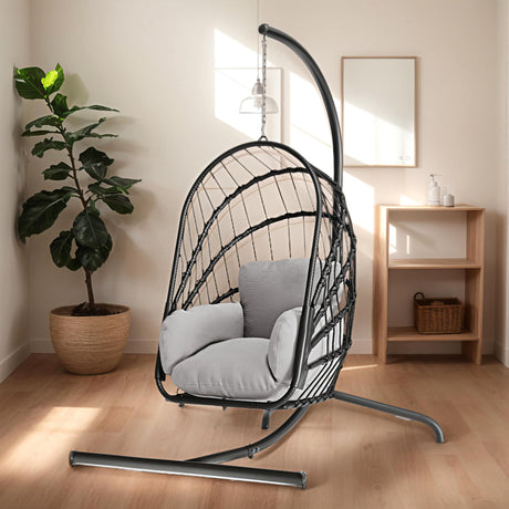 DWVO Wicker Swing Egg Chair 300lbs Capacity - Foldable Hanging Hammock with Cushions & Stand, Indoor/Outdoor Patio Swing Chair for Bedroom, Garden, Balcony (Grey) DWVO