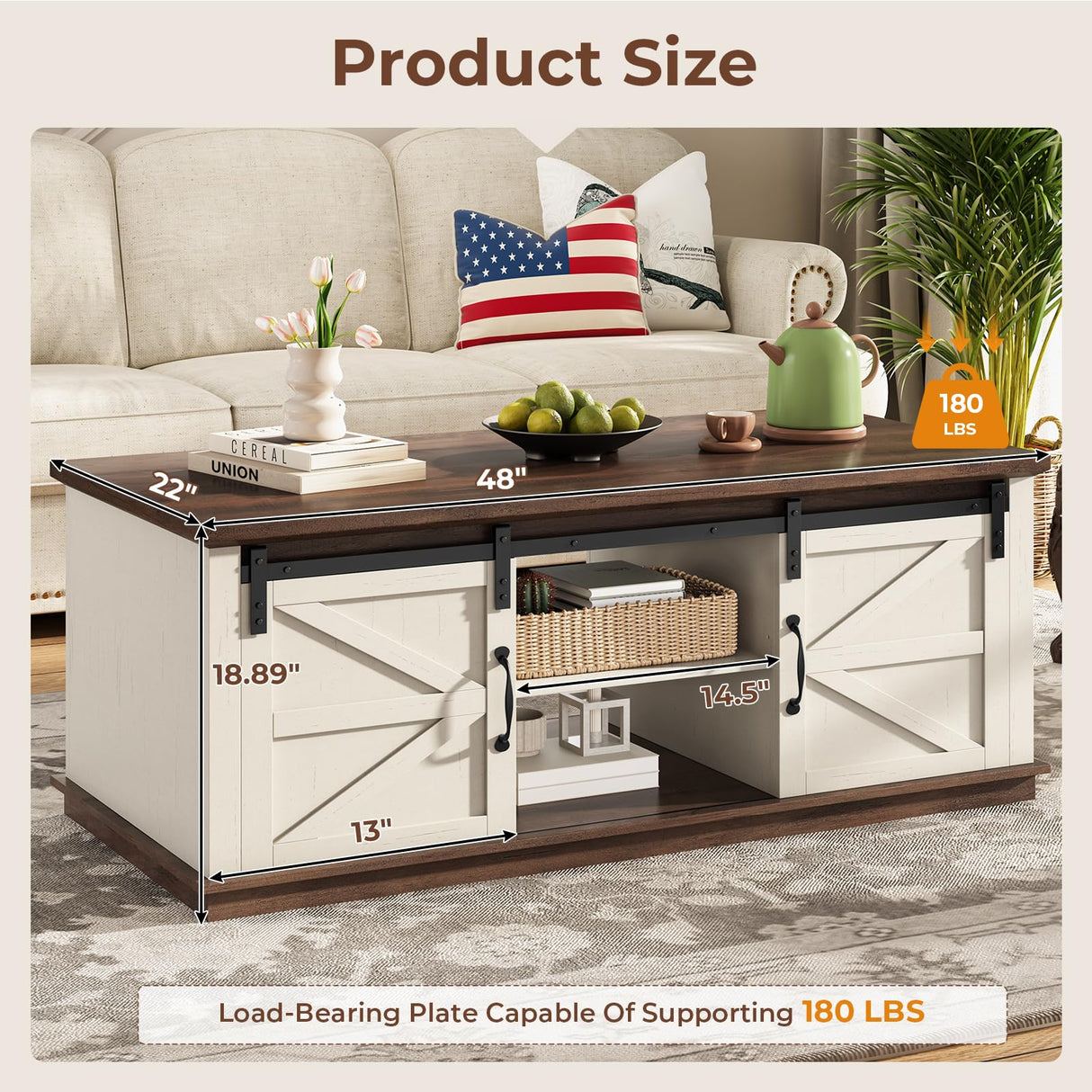 UPOSOJA Farmhouse Coffee Table for Living Room with Storage & 4 Sliding Barn Doors, Adjustable Shelves, Modern Rectangular Rustic Living Room, Meeting Room, Hall Coffee Tables (White Brown) UPOSOJA