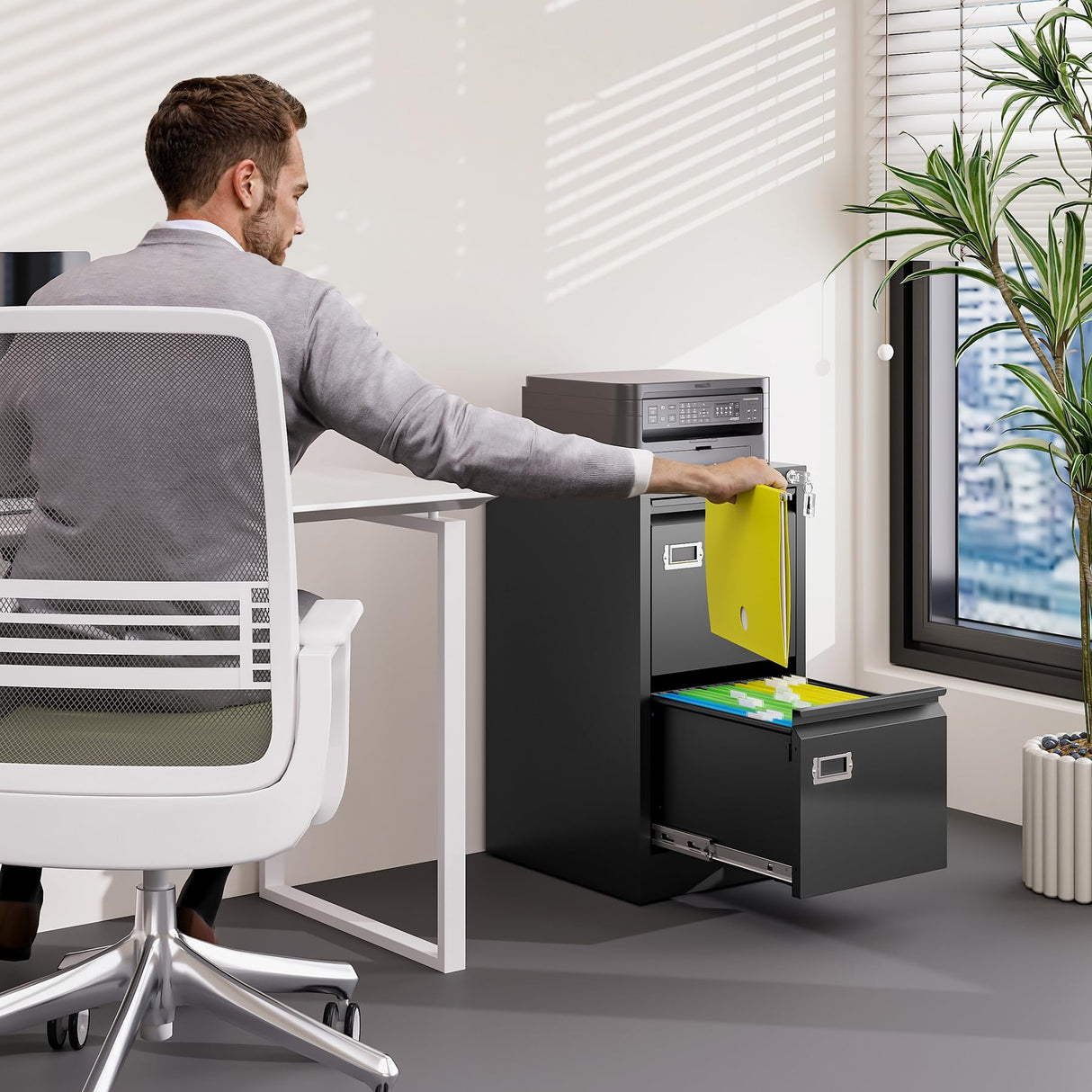 BYNSOE 2 Drawer File Cabinet with Lock Metal Vertical Filing Storage Cabinet Office Home Steel Vertical File Cabinets for A4 Legal/Letter Size Narrow File Cabinet Locked,Assembly Required BYNSOE