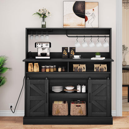 YITAHOME 47" Farmhouse Buffet Cabinets with Sliding Barn Door, Coffee Bar with Goblet Holder & Power Outlet, Sideboard Buffet Cabinets with Storage for Kitchen, Living Room (Black Oak)