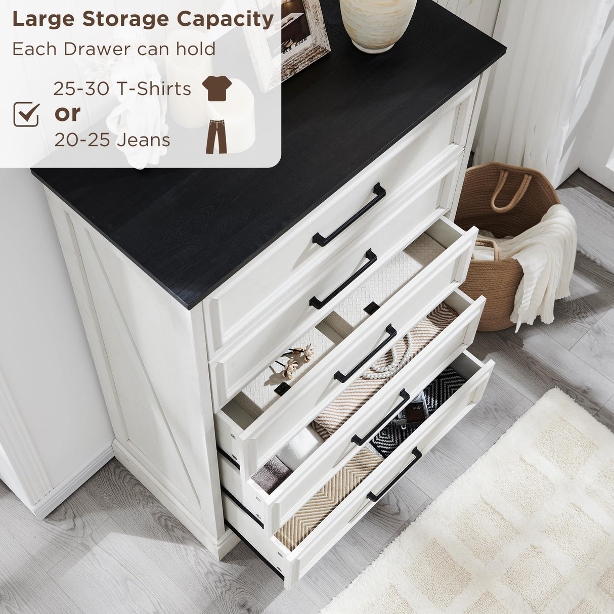 ACCOHOHO Farmhouse 5 Drawers Dresser Chests for Bedroom,46" Tall Wood Rustic Chest of Drawers with Wide Metal Handle,Natural Texture,Drawer Organizer for Bedroom,Living Room,Hallway and Entryway,White ACCOHOHO