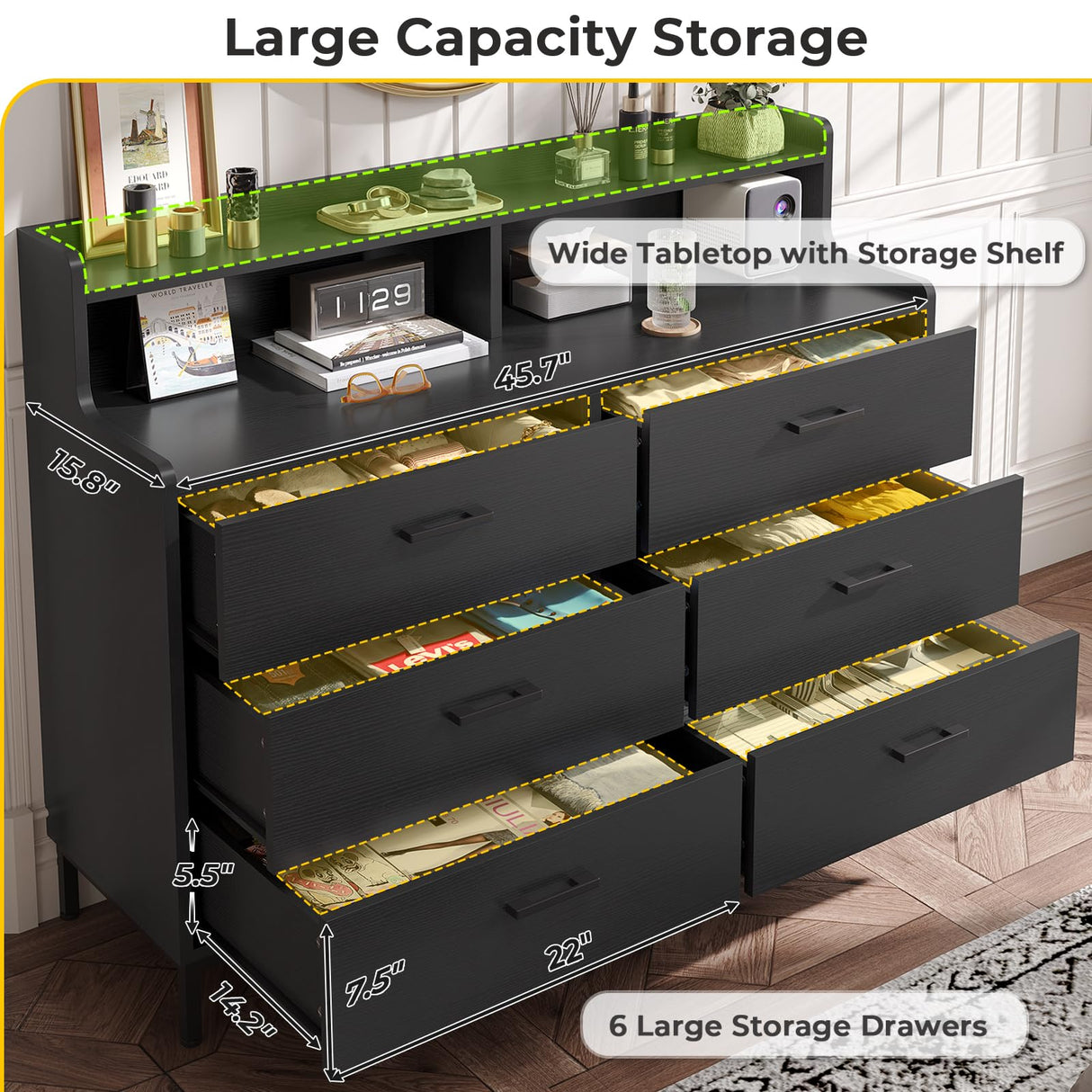 Hasuit 6 Drawers Double Dresser with Shelves, Large Wooden Storage Tower Organizer, Wide Chest of Drawers, Black Dresser for Bedroom, Living Room, Hasuit