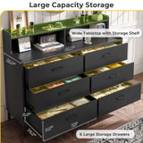 Hasuit 6 Drawers Double Dresser with Shelves, Large Wooden Storage Tower Organizer, Wide Chest of Drawers, Black Dresser for Bedroom, Living Room, Hasuit