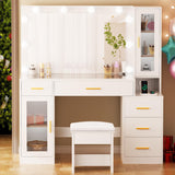BEWISHOME 49.2" Large Vanity Desk with Mirror and Lights,White Makeup Vanity Table with Glass Top,Stool,Makeup Desk with Power Outlet,Drawers,Cabinet,Nightstand,Dressing Table for Bedroom Women FST34W BEWISHOME