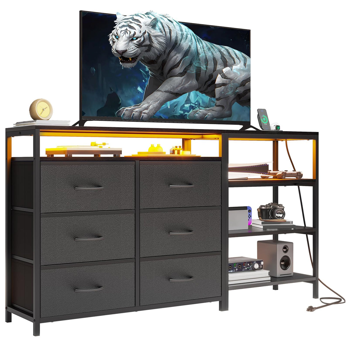 HAUOMS TV Stand for 60 Inch TV,Entertainment Center with Power Outlets and LED Lights,L Shaped Convertible Dresser with Open Shelf, 6 Drawers with PU Finish, for Living Room,Black HAUOMS