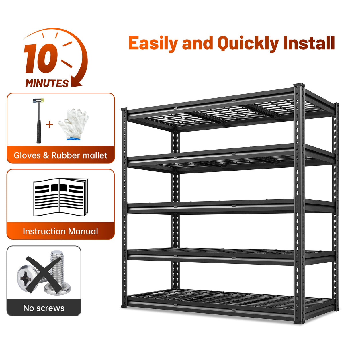 REIBII 48" W Garage Shelving 3000LBS Heavy Duty Storage Shelves, 5 Tier Adjustable Metal Shelves for Storage Rack Industrial Utility Shelf, Garage Storage Shelving Unit, 48" W x 24" D x 72" H REIBII
