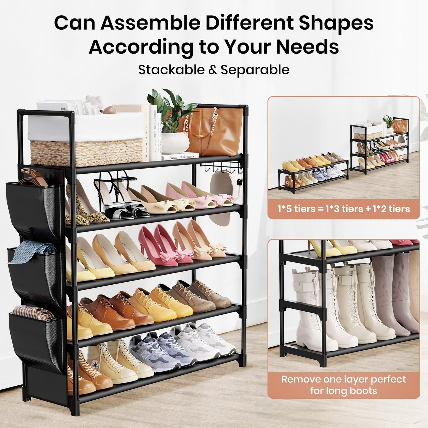 VILICK 5 Tier Shoe Rack with Hook and Side Pocket,Shoe Organizer Space Saver Storage for 20-25 Pair Shoe Storage Shelf Sturdy Free Standing Long Shoe Rack Organizer for Closet,Entryway,Small Spaces