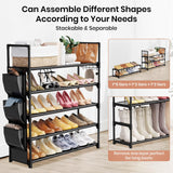 VILICK 5 Tier Shoe Rack with Hook and Side Pocket,Shoe Organizer Space Saver Storage for 20-25 Pair Shoe Storage Shelf Sturdy Free Standing Long Shoe Rack Organizer for Closet,Entryway,Small Spaces VILICK