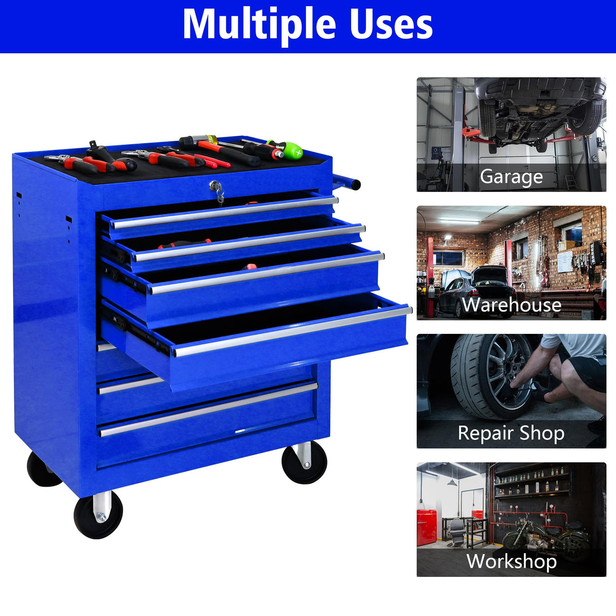 Rolling Tool Chest, 7-Drawer Rolling Tool Box With Interlock System And Wheels For Garage, Warehouse, Workshop, Repair Shop BouPower