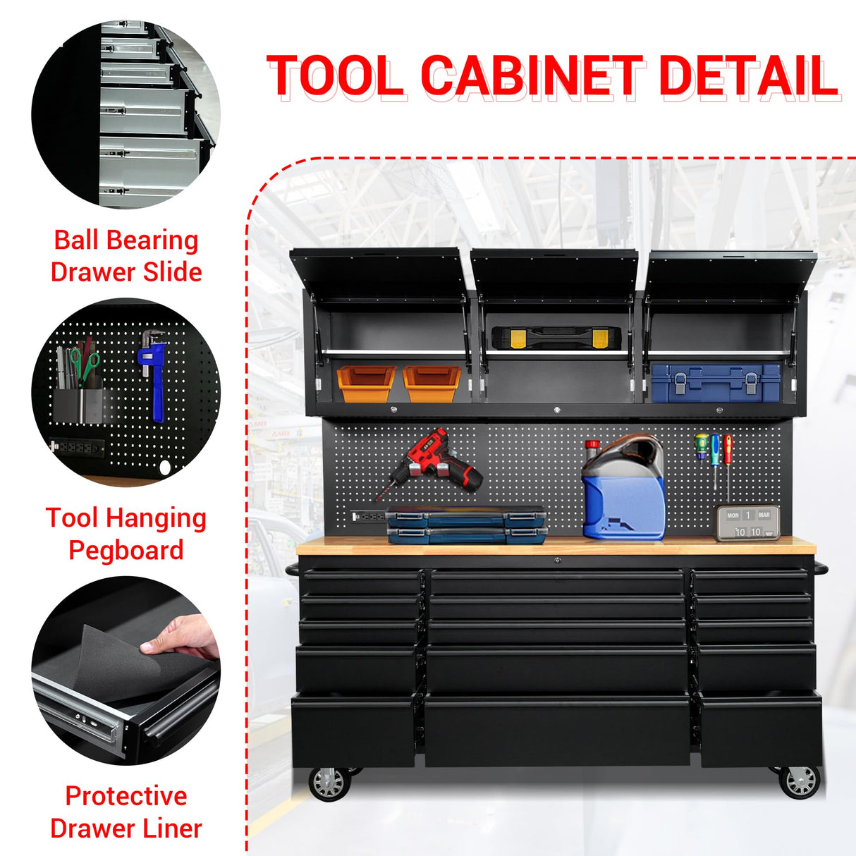 CT Copper Tailor 72-inch Rolling Tool Chest with Integrated Power Strip,15 Drawers and Wheels, Garage Workbench with Storage, 3 Upper Cabinets, Pegboard in Matte Black CT Copper Tailor