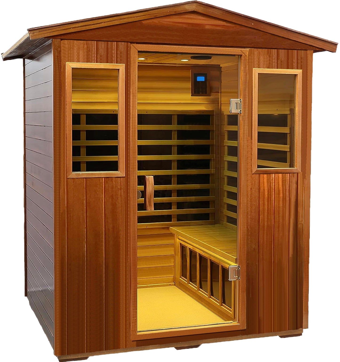 Outdoor Mahogany Ultra-Low EMF Sauna 4 Person Far Infrared Sauna for Home EMF average 0.5 mG, Withstand Outdoor Temp -10℉-149℉ Chromotherapy, Bluetooth Speaker (Freebie : Steam Sauna, Sauna Backrest)