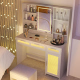 Hadulcet White Vanity Desk with Mirror and Lights, LED Vanity with Power Outlet, Makeup Vanity with 2 Drawers, 10 Storage Shelves and Acrylic Door Cabinet for Bedroom Dressing Room, 43” Hadulcet