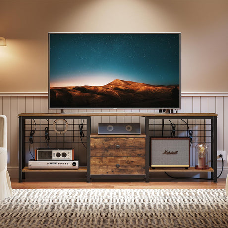 YATINEY TV Stand with Power Outlet for 75 Inch, Entertainment Center with 2 Fabric Drawers, TV Console Table with Open Storage Shelves for TVs, Cable Management, for Living Room, Bedroom, DS16UBR YATINEY