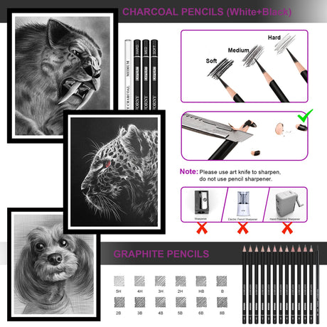 HIFORNY 42 PCS Drawing Set, Sketching Kit with Graphite & Charcoal Pencils, Blending Tools, Erasers & Accessories, Portable Zippered Travel Case for Artists & Beginners HIFORNY