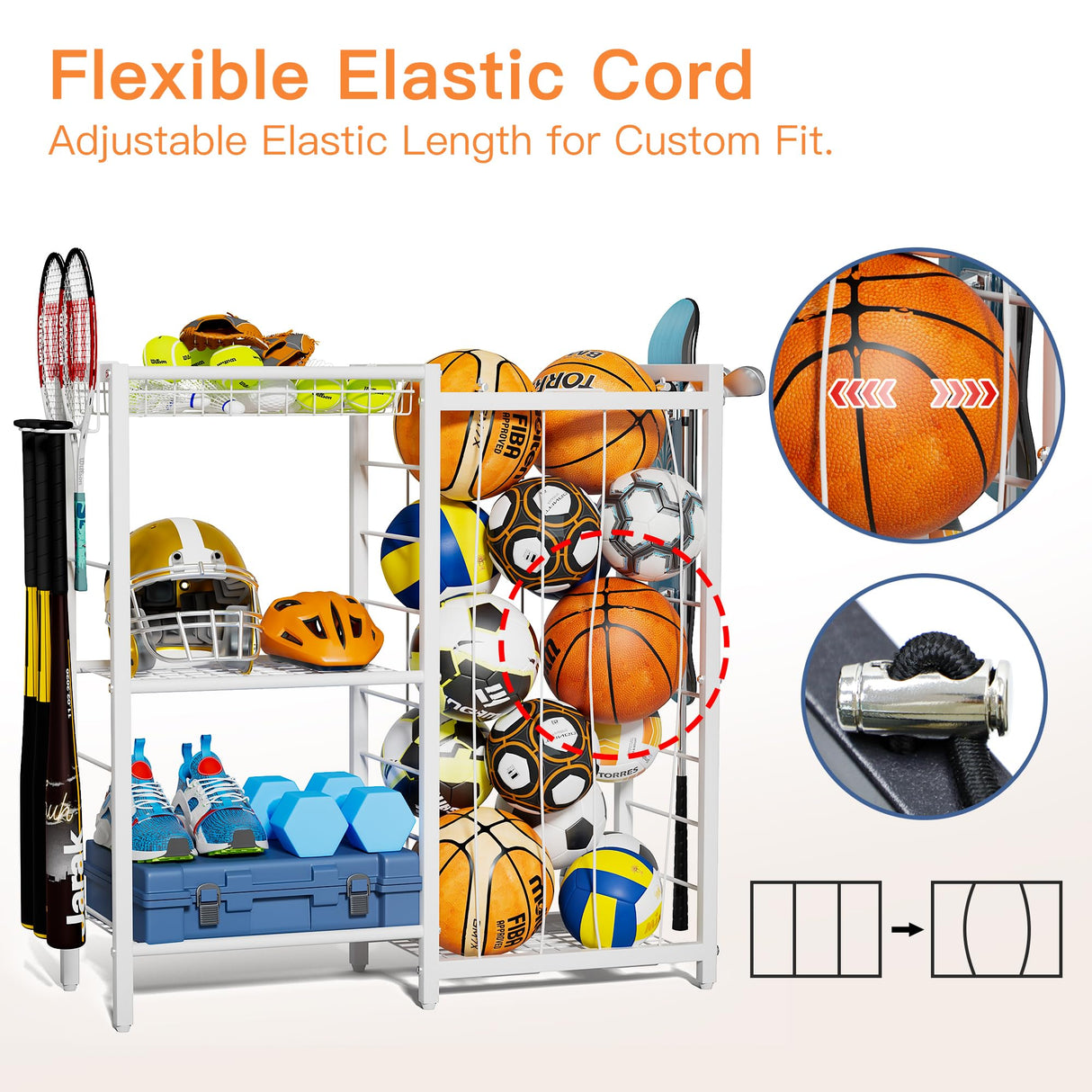 FAMIDGE Sports Equipment Organizer, Ball Storage Rack with Elastic Straps, Garage Sports Organizer Storage Cart with Hooks, Basketball Rack for for golf, Football, Soccer Ball, Bat, White FAMIDGE