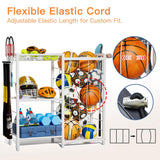 FAMIDGE Sports Equipment Organizer, Ball Storage Rack with Elastic Straps, Garage Sports Organizer Storage Cart with Hooks, Basketball Rack for for golf, Football, Soccer Ball, Bat, White FAMIDGE